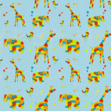 Renkli hayvanlarla, fillerle, zürafalarla, kuşlarla kusursuz desenler. Çizimler, kıvrımlı çizgilerle çizilmiş. Giysi, kumaş ve diğer eşyalar için tasarım.