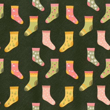 Çok renkli çorapları olan kusursuz bir desen. Çizim elle çizilmiş, eğri çizgilerle. Giysi, kumaş ve diğer eşyalar için tasarım.
