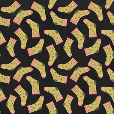 Çok renkli çorapları olan kusursuz bir desen. Çizim elle çizilmiş, eğri çizgilerle. Giysi, kumaş ve diğer eşyalar için tasarım.