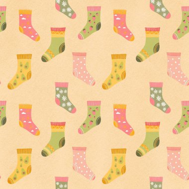 Çok renkli çorapları olan kusursuz bir desen. Çizim elle çizilmiş, eğri çizgilerle. Giysi, kumaş ve diğer eşyalar için tasarım.