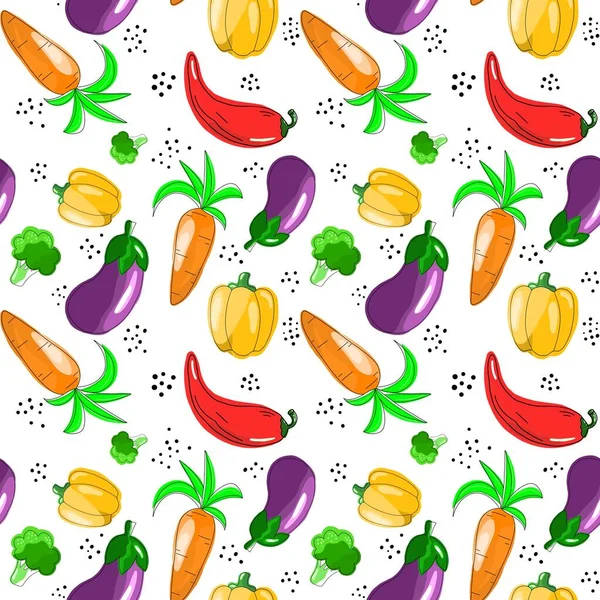 Seamless Pattern Theme Food Carrots Peppers Eggplant Broccoli Hand Drawn — Stock Photo, Image