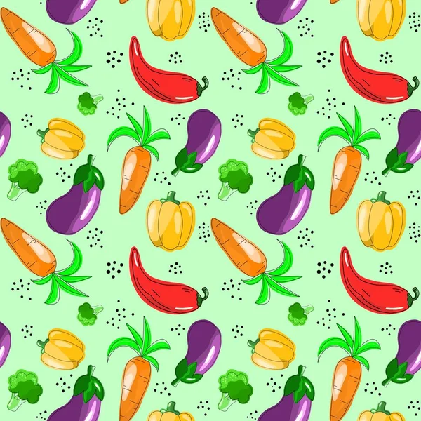 Seamless Pattern Theme Food Carrots Peppers Eggplant Broccoli Hand Drawn — Stock Photo, Image