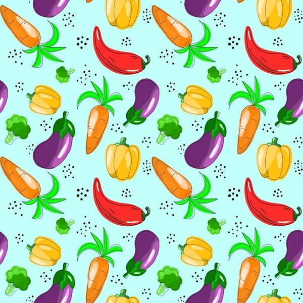 Seamless Pattern Theme Food Carrots Peppers Eggplant Broccoli Hand Drawn — Stock Photo, Image