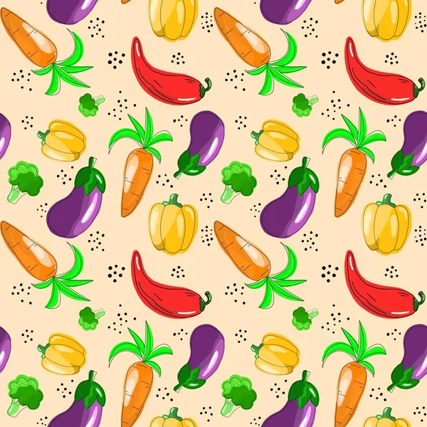 Seamless Pattern Theme Food Carrots Peppers Eggplant Broccoli Hand Drawn — Stock Photo, Image