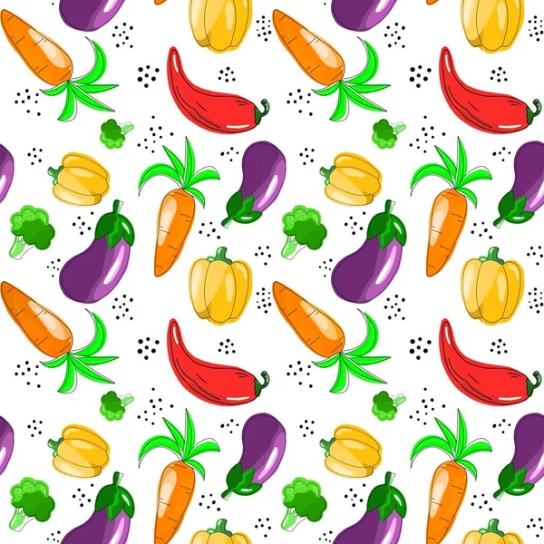 Seamless Pattern Theme Food Carrots Peppers Eggplant Broccoli Hand Drawn — Stock Photo, Image