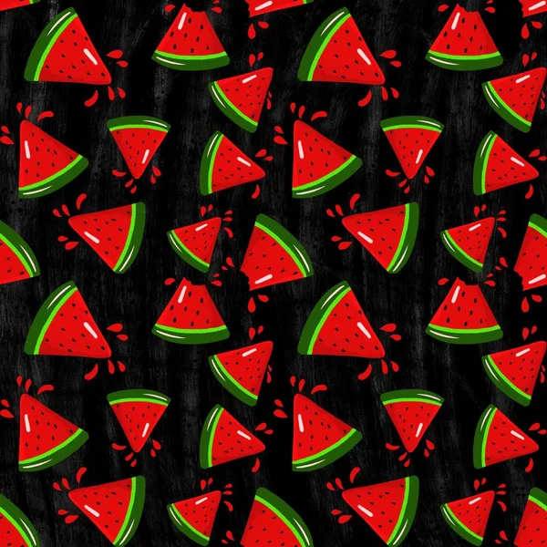 Helles Stilvolles Nahtloses Muster Mit Wassermelonenscheiben Auf Dunklem Hintergrund Die — Stockfoto
