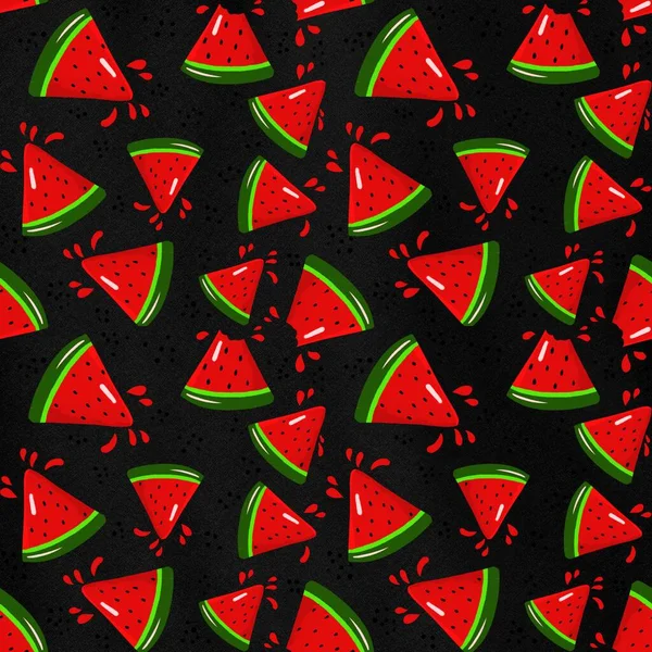 Helder Stijlvol Naadloos Patroon Met Watermeloen Plakjes Een Donkere Achtergrond — Stockfoto