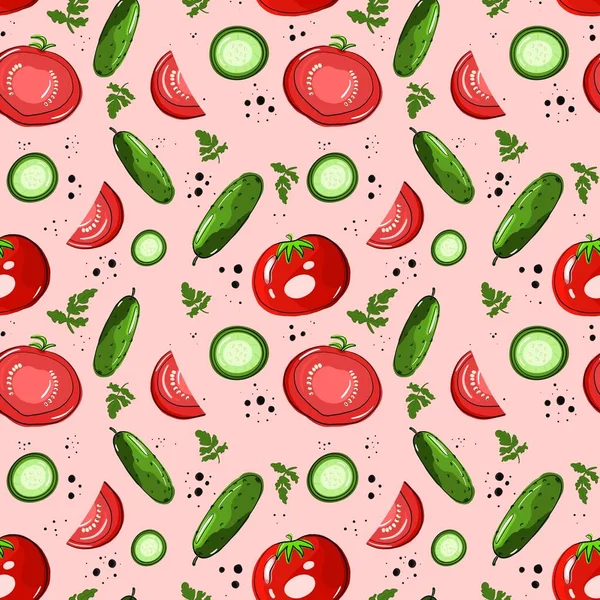 Płynny Wzór Ogórkami Pomidorami Ilustracja Jest Narysowana Ręcznie Żywymi Liniami — Zdjęcie stockowe