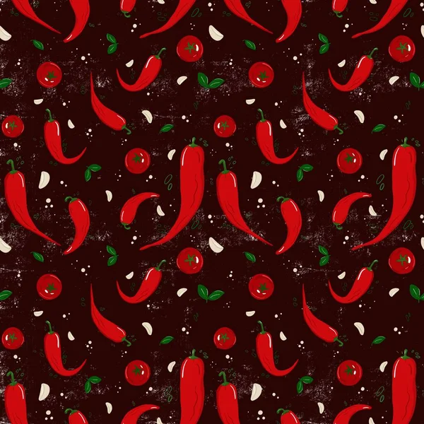 Motif Sans Couture Avec Poivre Tomates Gousses Ail Basilic Illustration — Photo