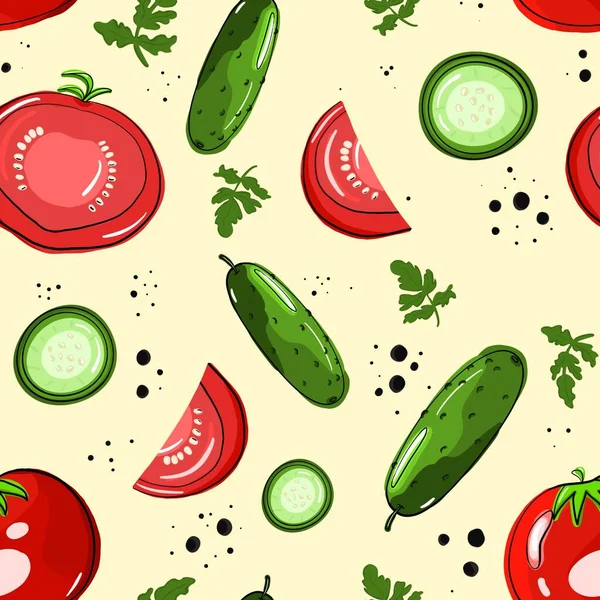 Padrão Sem Costura Com Pepinos Tomates Ilustração Desenhada Com Linhas — Fotografia de Stock