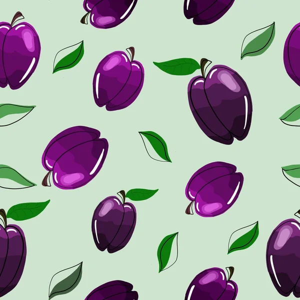 Seamless Pattern Plums Lime Leaves Raster Illustration Hand Drawn Trending — Stock Photo, Image