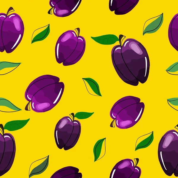 Seamless pattern with plums and lime leaves.The raster illustration is hand-drawn in the trending style of line art. Design for fabric, clothing and other items.