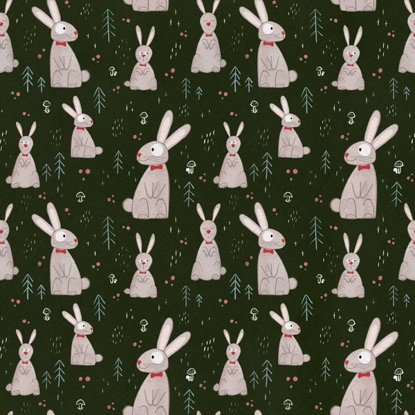 Tavşanlar Mantarlar Diğer Elementlerle Kusursuz Desen Doğal Bir Tema Llüstrasyon — Stok fotoğraf