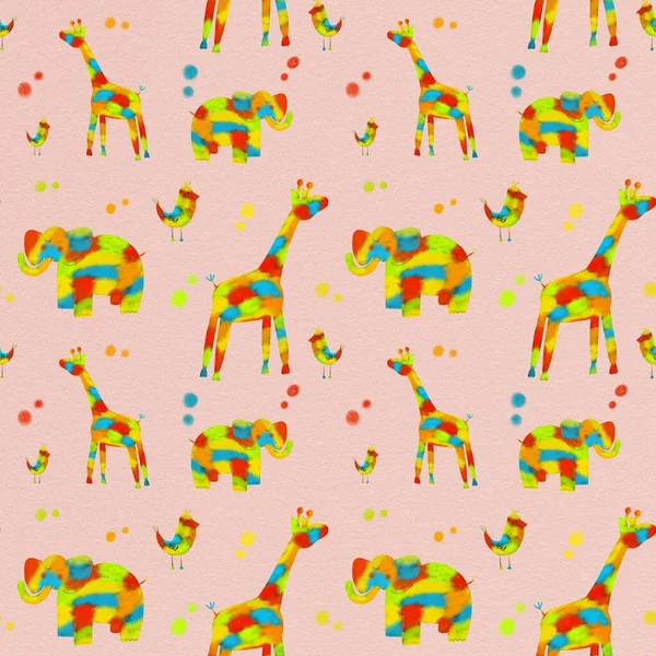 Padrão Sem Costura Com Animais Coloridos Elefante Girafa Pássaros Ilustração — Fotografia de Stock
