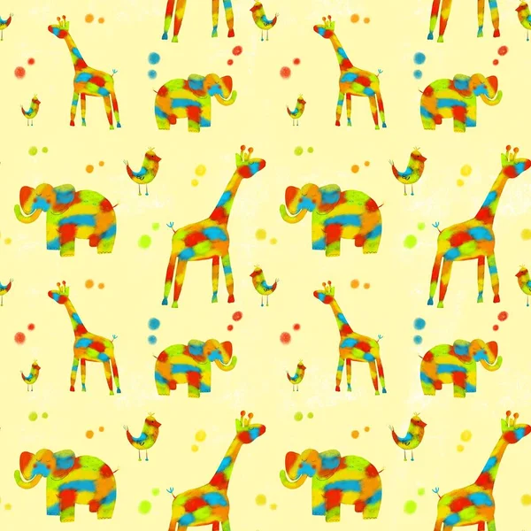 Padrão Sem Costura Com Animais Coloridos Elefante Girafa Pássaros Ilustração — Fotografia de Stock