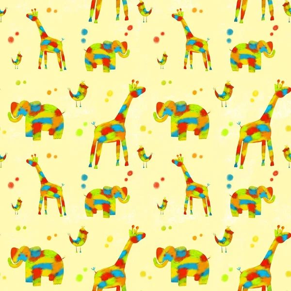 Seamless pattern with colorful animals, elephant, giraffe, birds.The illustration is drawn by hand, with curved lines. Design for clothing, fabric and other items.