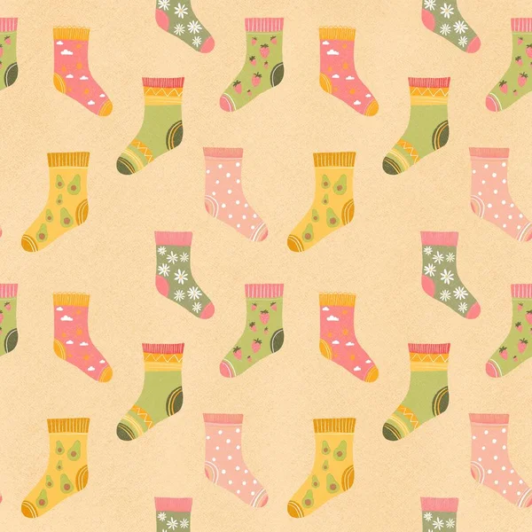 Безшовний Візерунок Різнокольоровими Шкарпетками Ілюстрація Намальована Вручну Вигнутими Лініями Дизайн — стокове фото