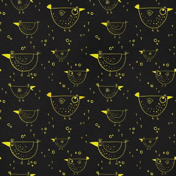 Seamless Linear Pattern Funny Birds Illustration Drawn Hand Curved Lines — Stock Photo, Image