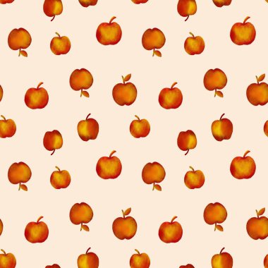 Renkli elmalarla kusursuz desen. Elle çizilmiş illüstrasyon. Kumaşlar ve diğer eşyalar için bir şablon.