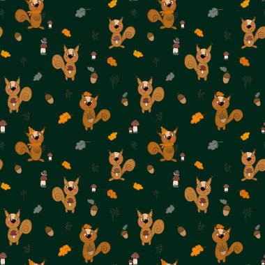 Sonbahar temasında kusursuz desen. Komik sincaplar, meşe palamutları, mantarlar karton şeklinde çizilir. Giysiler için örnek