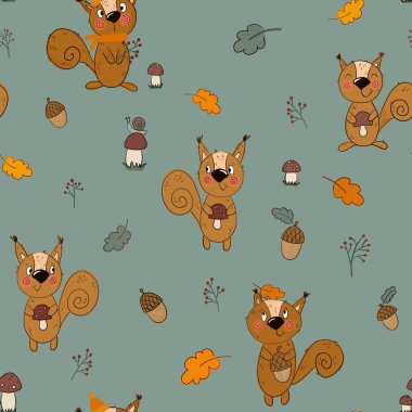 Sonbahar temasında kusursuz desen. Komik sincaplar, meşe palamutları, mantarlar karton şeklinde çizilir. Giysiler için örnek