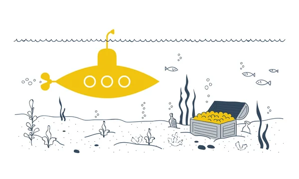 Submarine underwater and a treasure chest — Stock Vector