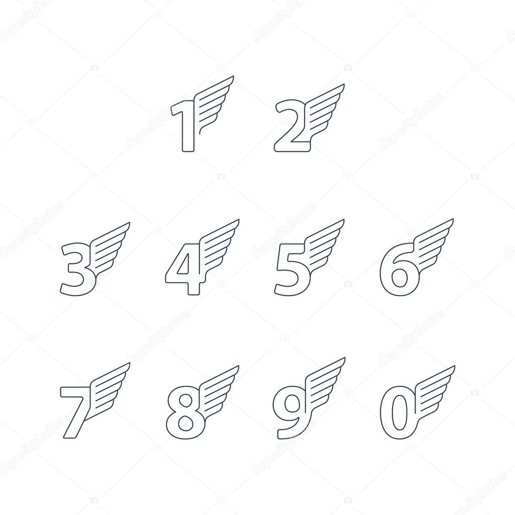 Elegant dynamic numbers with wings. Linear design. Can be used for any transportation service or in sports areas.