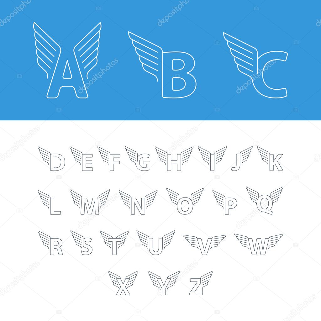 Elegant dynamic alphabet letters with wings. Linear design. Can be used for any transportation service or in sports areas. vector illustration