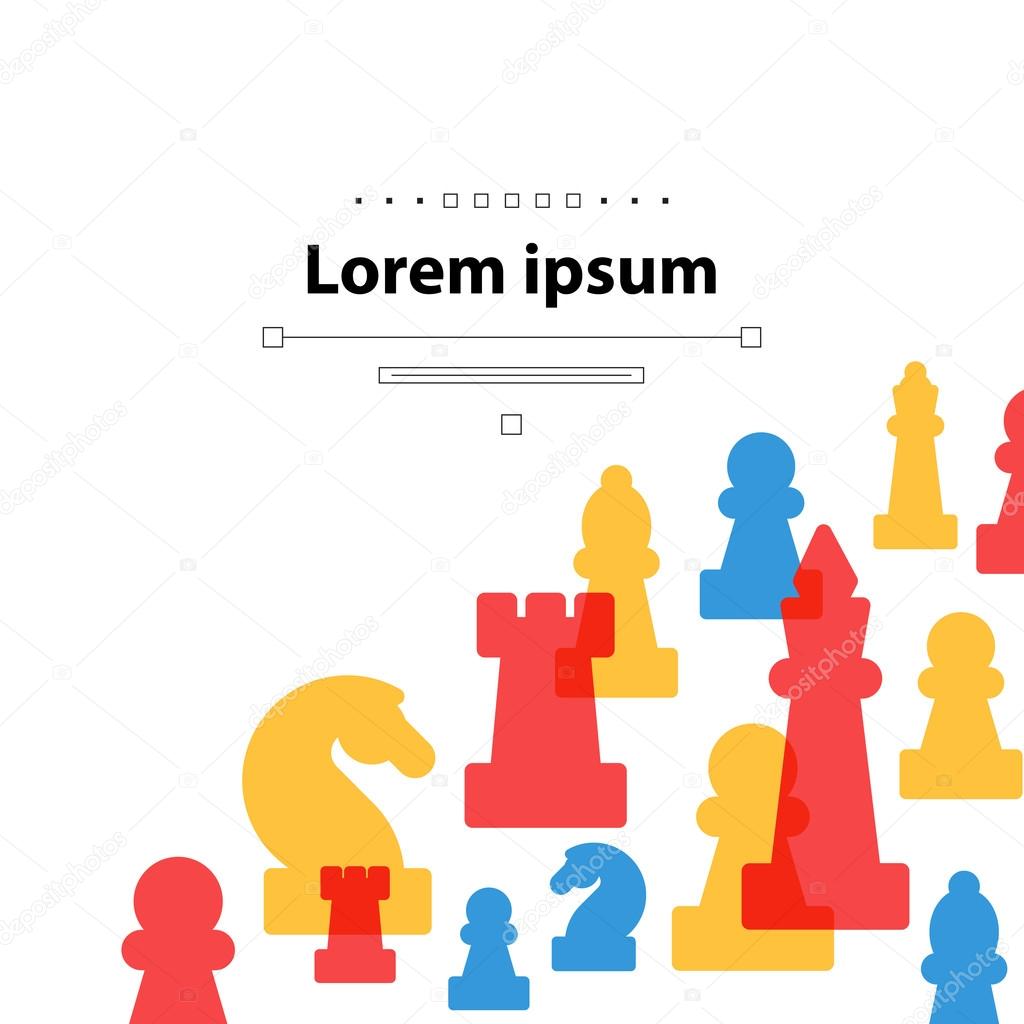Colorful chess pieces, chess club or school, competition or strategy concept. Cover template.