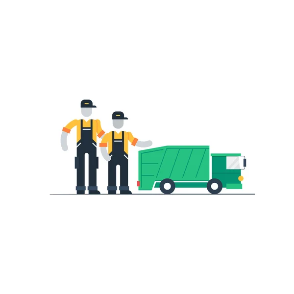ゴミ箱のトラックの運転手と労働者 — ストックベクタ