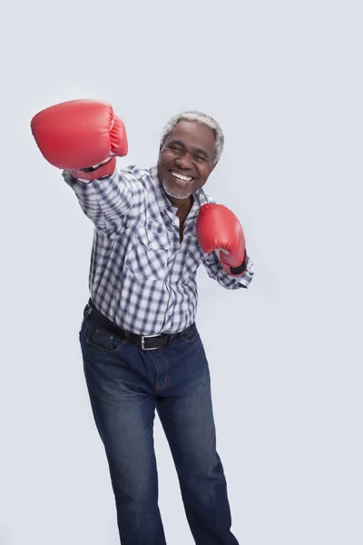 Пожилой мужчина в боксерских перчатках на сером — стоковое фото