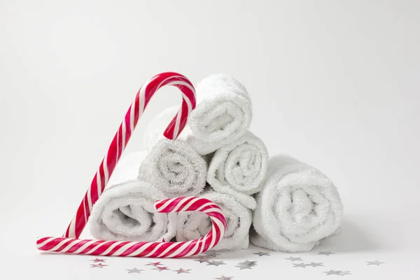 Composición Navideña Con Toallas Caramelos Árbol Navidad Toallas Concepto Navidad — Foto de Stock
