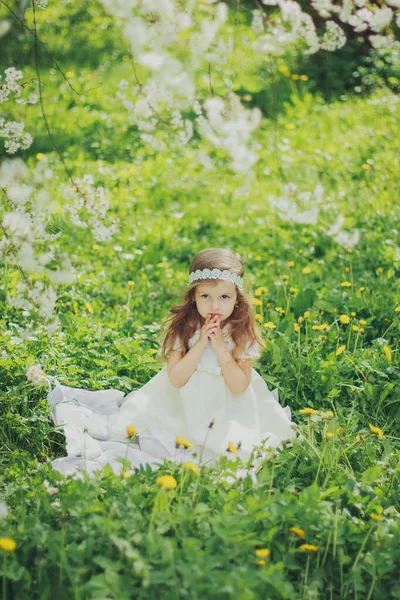 Девушка в платье сидит в весеннем вишневом саду — стоковое фото