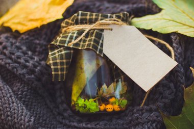 Şişe, sonbahar hazinelerini boş kağıt etiketlerle doldurdu.