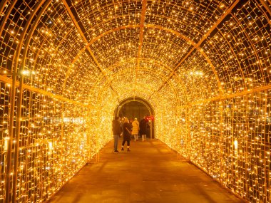 Ziyaretçiler bir gece boyunca parlak ışıklarla dolu bir tünelde yürümekten hoşlanırlar. Dekorasyonlar şenlikli bir ortam yaratıyor. Gdansk, Polonya 'da Noel pazarı