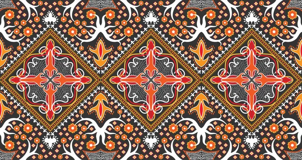 Seamless Red Orange Fabric Pattern Adorned Traditional Central Asian Motifs — Archivo Imágenes Vectoriales