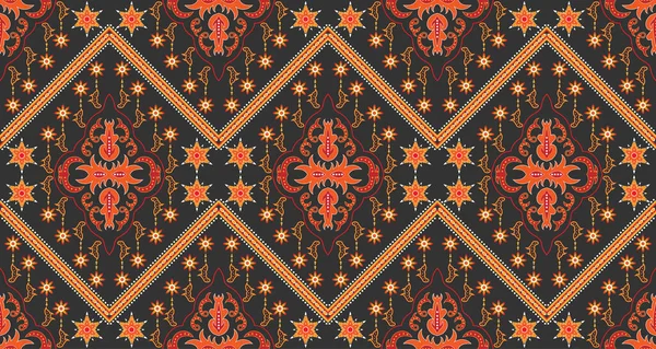 Bezszwowy Wzór Czerwono Pomarańczowej Tkaniny Ozdobiony Tradycyjnymi Motywami Azji Środkowej — Wektor stockowy