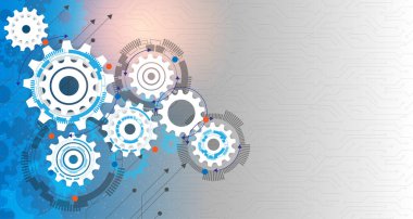 Veri dişlisi, devre kartı, yüksek teknoloji dijital teknoloji ve mühendislik, dijital telekom teknolojisi kavramı. Açık mavi arka planda soyut gelecek EP.1.Hi-tech iletişimi 