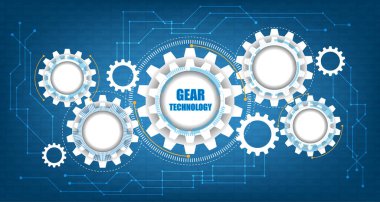 Metin alan ve devre kartında gölgeler olan gelecekçi dişli çarklar. Bağlı dişliler ve ikonlar ile soyut arka plan. Yüksek teknoloji iletişim konsepti yenilik arka plan vektörü. 