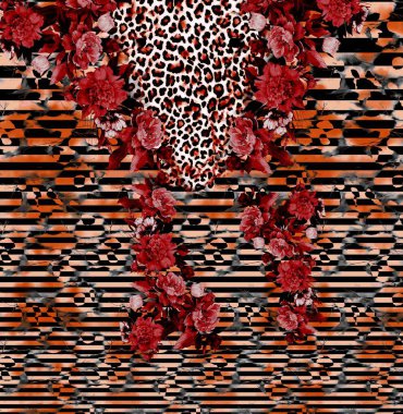 Renkli Desenler Çalışması, Leopar, Zebra, Kamuflaj ve Elbise Tasarımı. Tekstil, Kumaş, Yastık ve Modern Kolaj Şablonu, dijital baskı elbisesine basılacak muhteşem desenler, leopar zebra barok