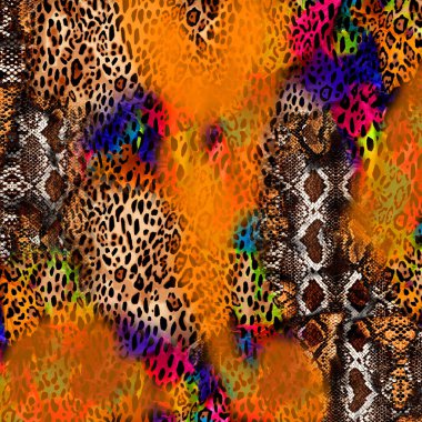 Hayvan derisi, hayvan izi, leopar dokusu arka planına sahip çok renkli ve soyut bir arka plan.