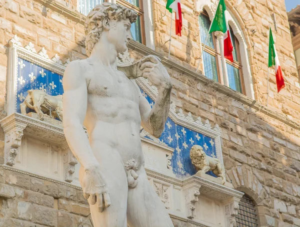 米开朗基罗的 David 在佛罗伦萨领主广场 — 图库照片