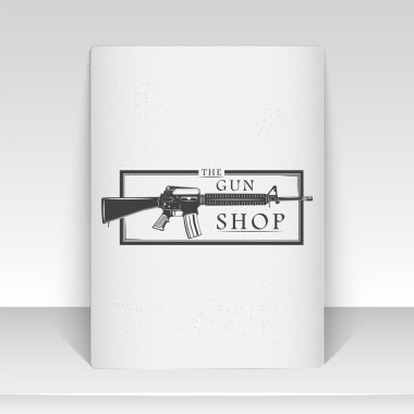 American gun shop. Firearms store. Hunting gun. Detailed elements. Typographic labels, stickers, logos and badges. Sheet of white paper.