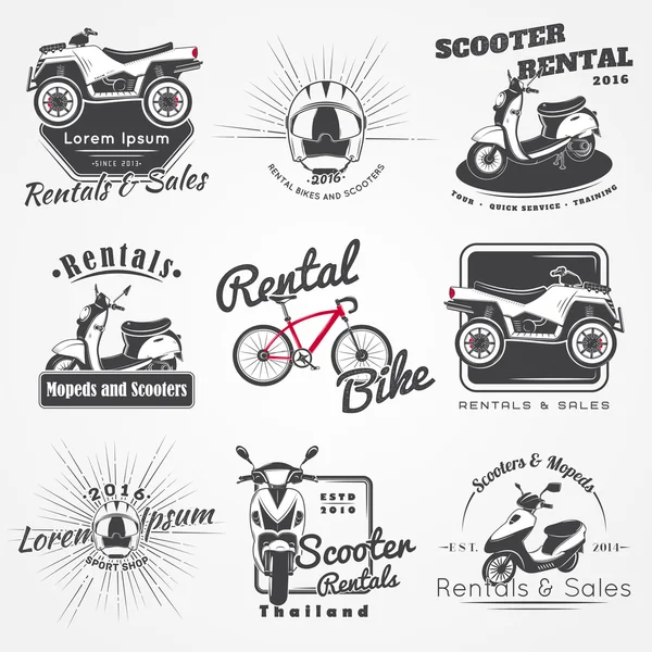 Alquiler, venta y reparación - bicicletas, ciclomotores y scooters. Club de ciclismo. Elementos detallados. Viejo grunge retro vintage. Rasguñado, dañado, efecto sucio. Etiquetas tipográficas, pegatinas, logotipos e insignias . — Vector de stock