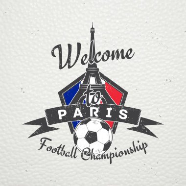 Futbol Şampiyonası Fransa'nın. Futbol zamanı. Ayrıntılı elemanları. Eski retro vintage grunge. Çizik, zarar, etkisi kirli. Tipografik etiketleri, çıkartmalar, logo ve rozetleri.