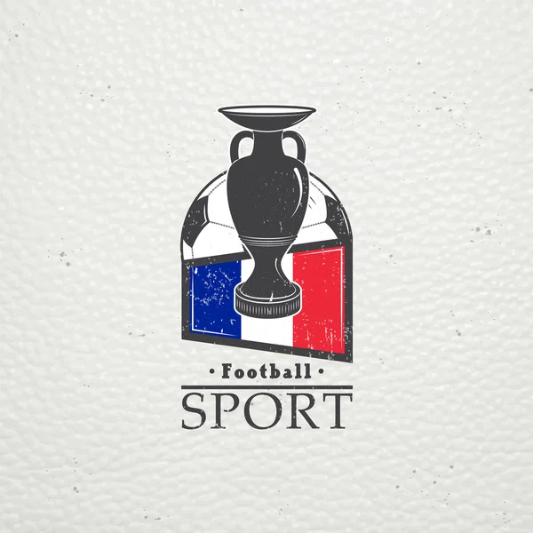 Campeonato de Futebol da França. Hora do futebol. Elementos detalhados. Um velho grunge retrô vintage. Riscado, danificado, efeito sujo. Etiquetas tipográficas, autocolantes, logótipos e crachás . — Vetor de Stock