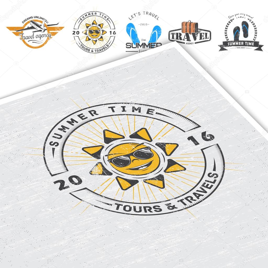 Summer time. Tourist agency. Travel around the world. Detailed elements. Old retro vintage grunge. Scratched, damaged, dirty effect. Typographic labels, stickers, logos and badges. Flat vector illustration