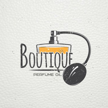 Parfüm Dükkanı. Aromatik yağlar ile özel butik. Ayrıntılı öğeler. Eski retro vintage grunge. Çizik, hasarlı, kirli etki. Tipografik etiketler, çıkartmalar, logolar ve rozetler.