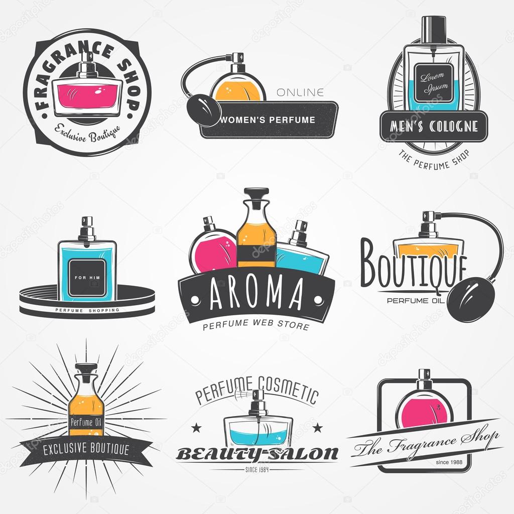 The Fragrance Shop set. Exclusive boutique with aromatic oils. Detailed elements. Old retro vintage grunge. Scratched, damaged, dirty effect. Typographic labels, stickers, logos and badges. Flat
