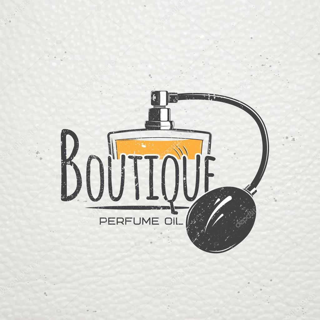 The Fragrance Shop. Exclusive boutique with aromatic oils. Detailed elements. Old retro vintage grunge. Scratched, damaged, dirty effect. Typographic labels, stickers, logos and badges. Flat vector